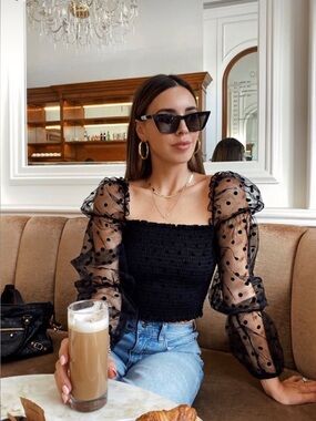 O. Vianca Sheer Black Polka Dot Crop Top